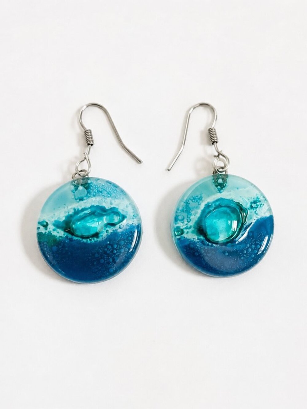 Artisan Fused Glass Disc Earrings | Aqua Blue